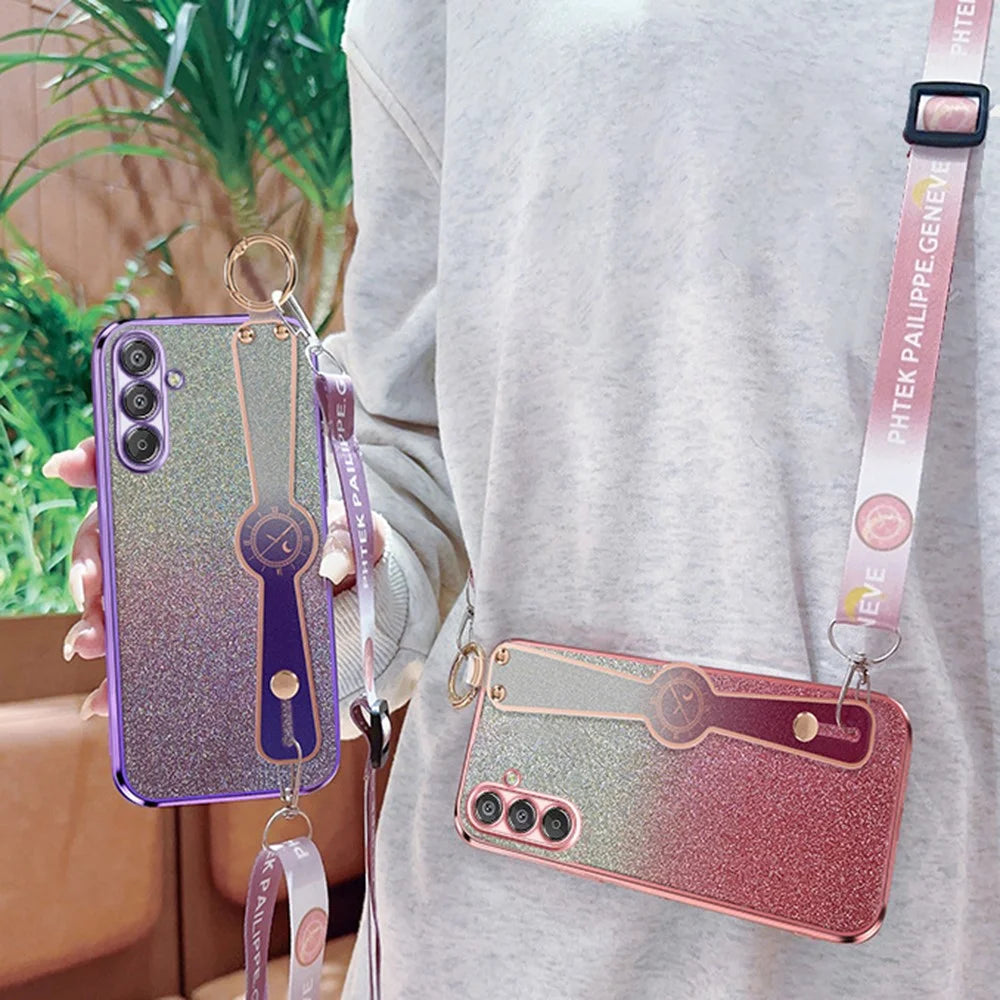 For Samsung Galaxy S25+ Case Electroplated Glitter Hand Strap Kickstand TPU Back Cover with Shoulder Strap - Pink - 6