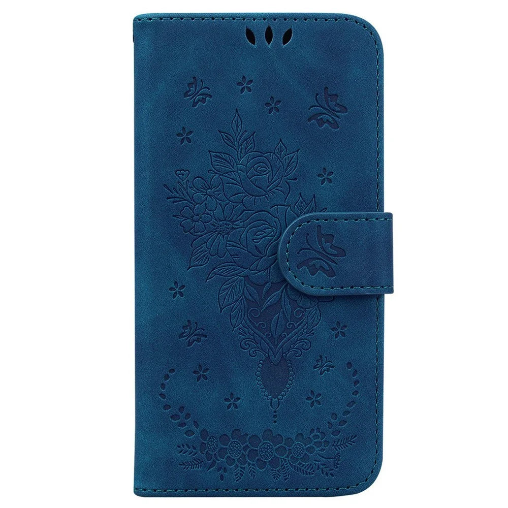 PU Leather Phone Case for Samsung Galaxy M13 4G, Rose Butterfly Imprinted Protective Cover Flip Folio Stand Wallet Shell with Strap - Blue - 6