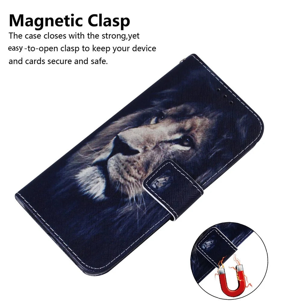 Leather Protective Case for Samsung Galaxy M13 4G, Stylish Pattern Printing Phone Cover Foldable Stand Wallet Shell - Lion - 4