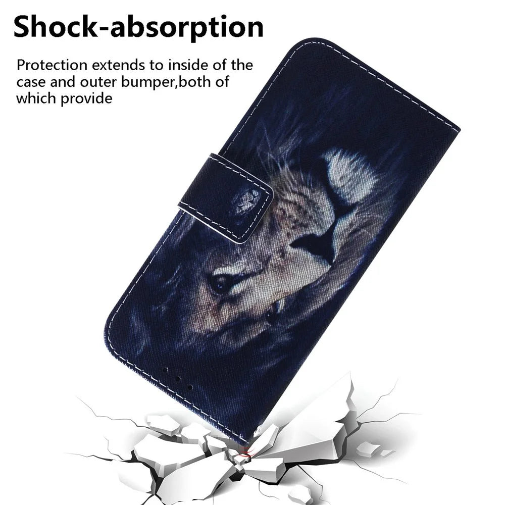 Leather Protective Case for Samsung Galaxy M13 4G, Stylish Pattern Printing Phone Cover Foldable Stand Wallet Shell - Lion - 5