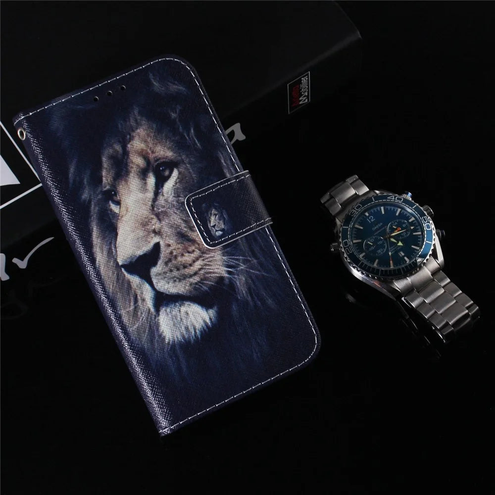Leather Protective Case for Samsung Galaxy M13 4G, Stylish Pattern Printing Phone Cover Foldable Stand Wallet Shell - Lion - 6