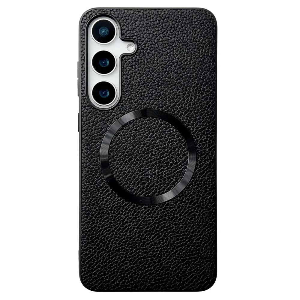 For Samsung Galaxy S25+ Magnetic Case Litchi Texture PU Leather + TPU Phone Back Cover - Black - 1