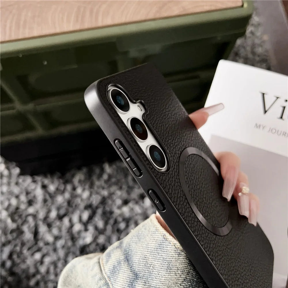 For Samsung Galaxy S25+ Magnetic Case Litchi Texture PU Leather + TPU Phone Back Cover - Black - 5
