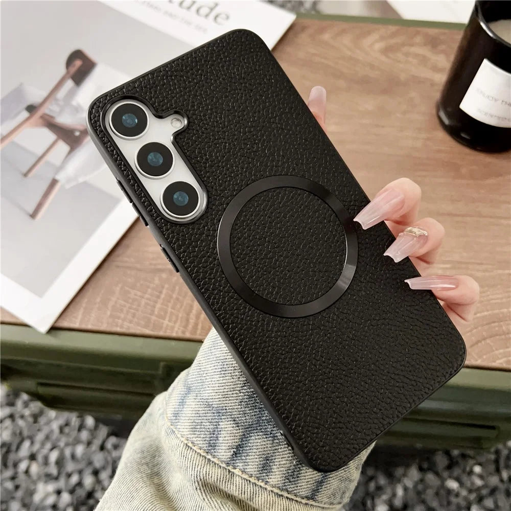 For Samsung Galaxy S24 FE Magnetic Case Litchi Texture PU Leather + TPU Phone Back Cover - Black - 2