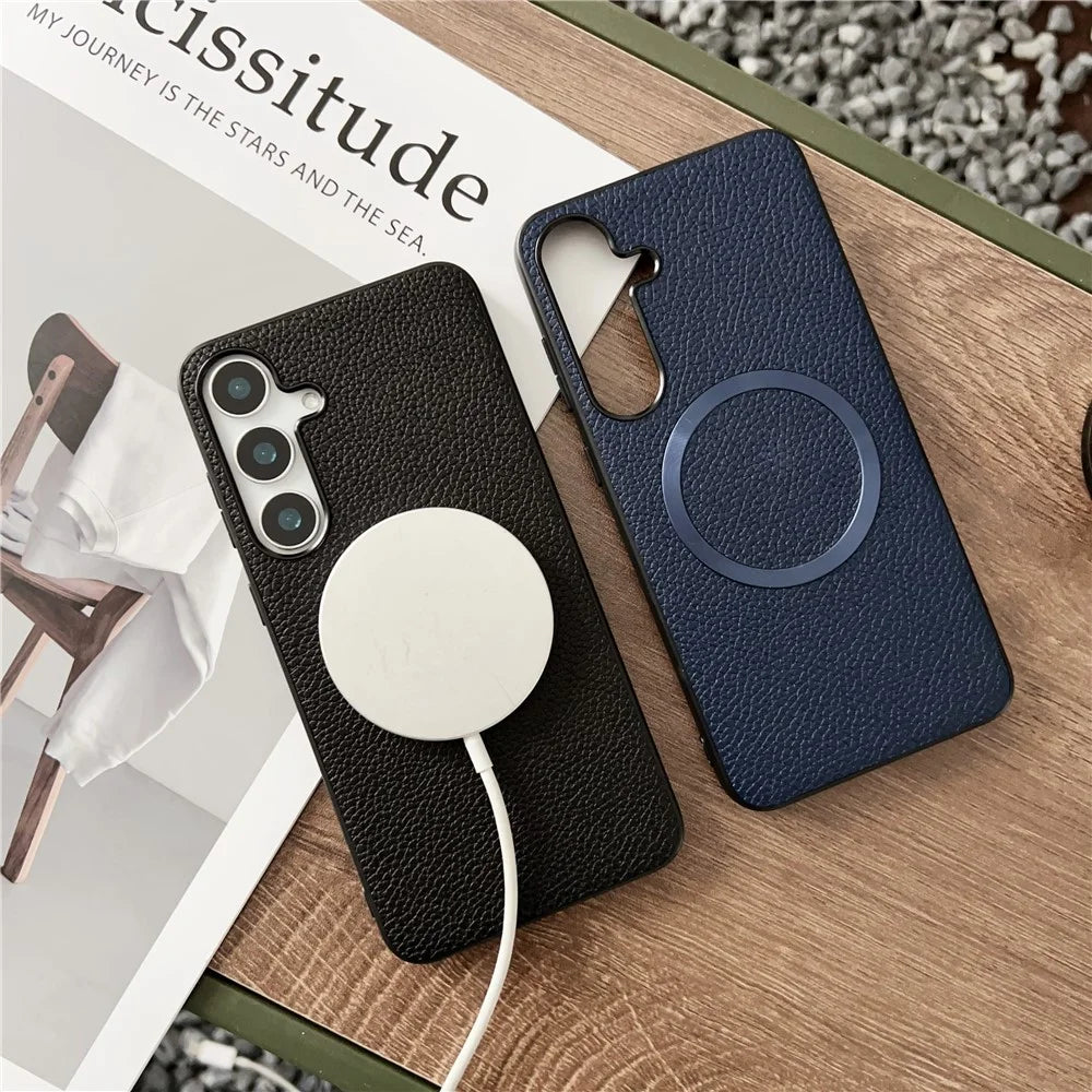 For Samsung Galaxy S24 FE Magnetic Case Litchi Texture PU Leather + TPU Phone Back Cover - Black - 3