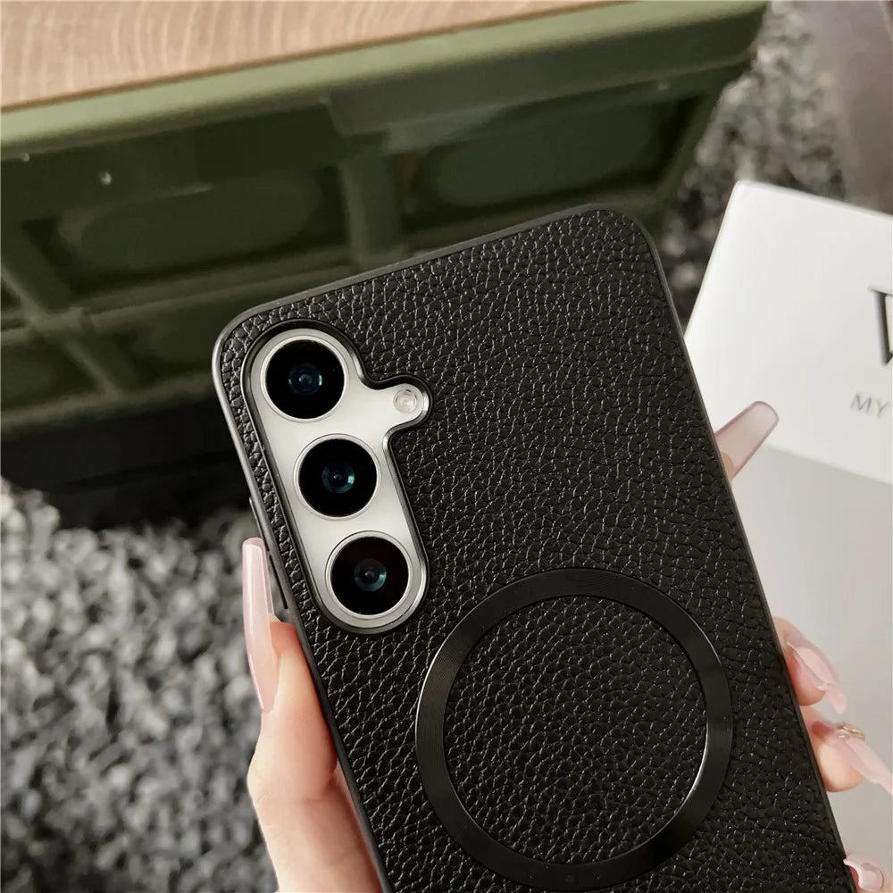 For Samsung Galaxy S24 FE Magnetic Case Litchi Texture PU Leather + TPU Phone Back Cover - Black - 4