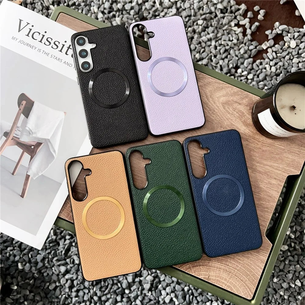 For Samsung Galaxy S24 FE Magnetic Case Litchi Texture PU Leather + TPU Phone Back Cover - Black - 7