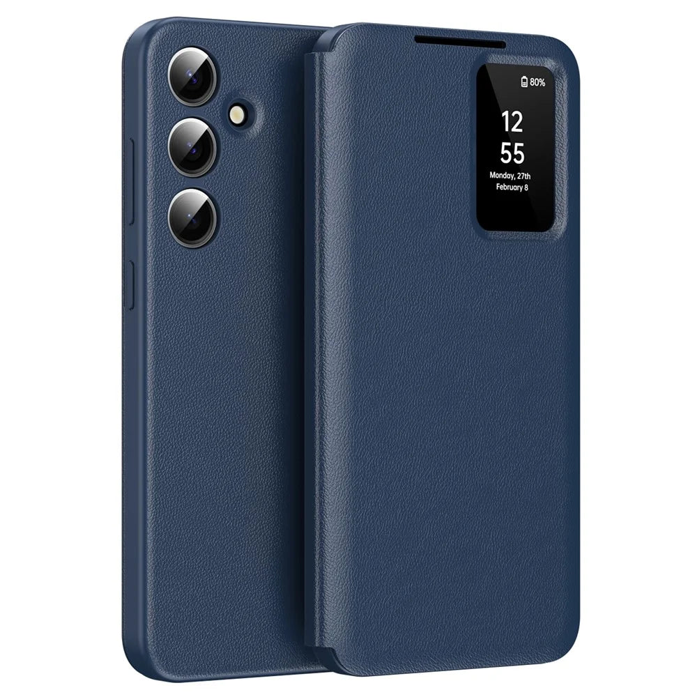 For Samsung Galaxy S25+ Case with Card Holder Smart View Window PU Leather+PC+TPU Phone Cover - Sapphire - 1