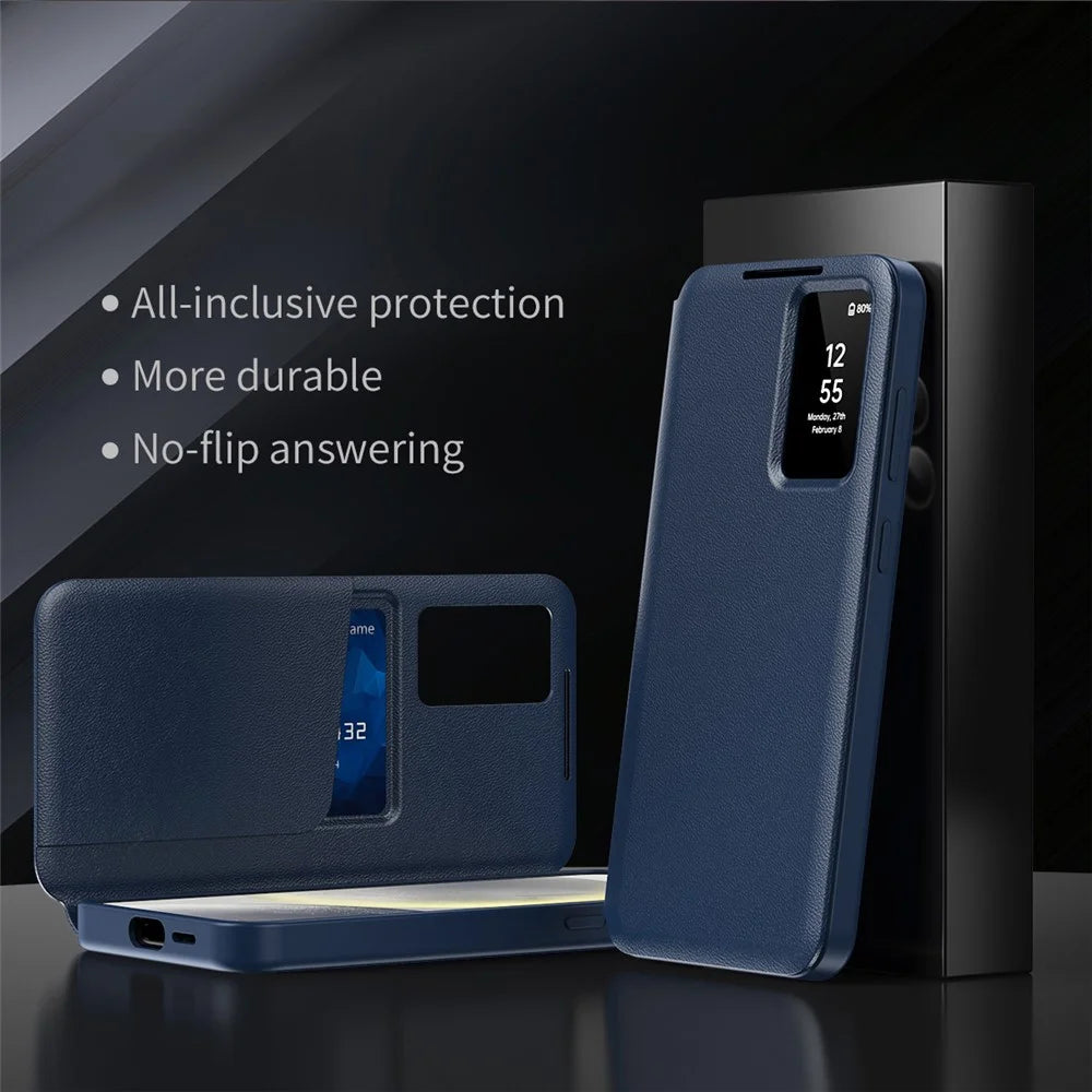 For Samsung Galaxy S25+ Case with Card Holder Smart View Window PU Leather+PC+TPU Phone Cover - Sapphire - 2