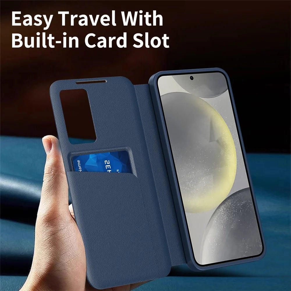 For Samsung Galaxy S25+ Case with Card Holder Smart View Window PU Leather+PC+TPU Phone Cover - Sapphire - 4