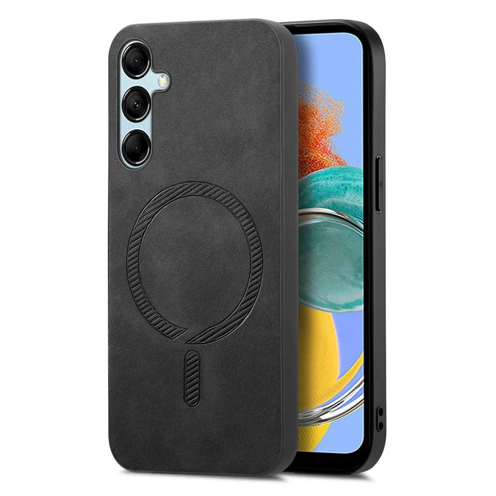 For Samsung Galaxy M14 5G Leather Back Magnetic Case Skin-touch Phone Cover - Black - 1