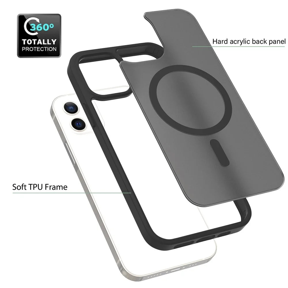 For iPhone 12 Pro / 12 Case Compatible with MagSafe TPU Frame Acrylic Back Phone Cover Skin Touch - Black - 4
