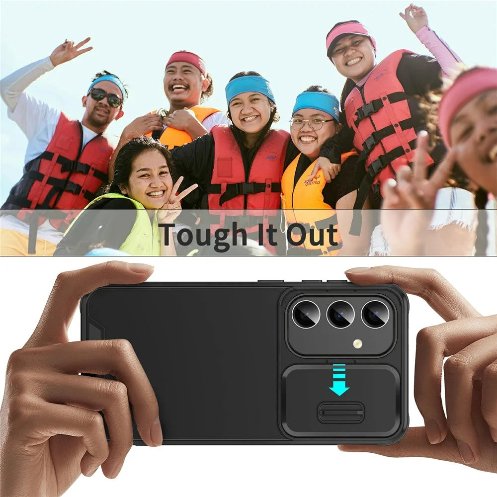 For Samsung Galaxy S24 FE Case PC + TPU Shell with Slide Camera Phone Cover - Black - 6