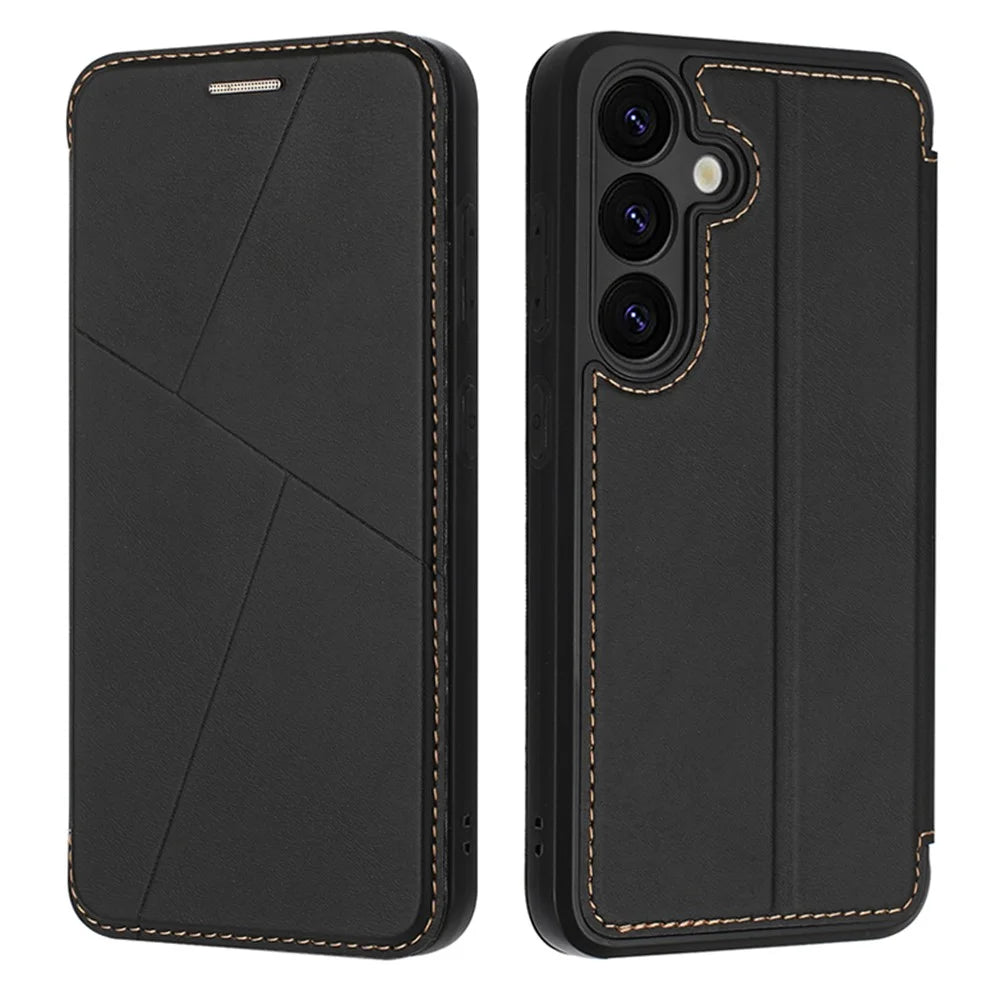For Samsung Galaxy S25 Case Magnetic Closure Card Slot Leather Flip Phone Cover - Black - 1