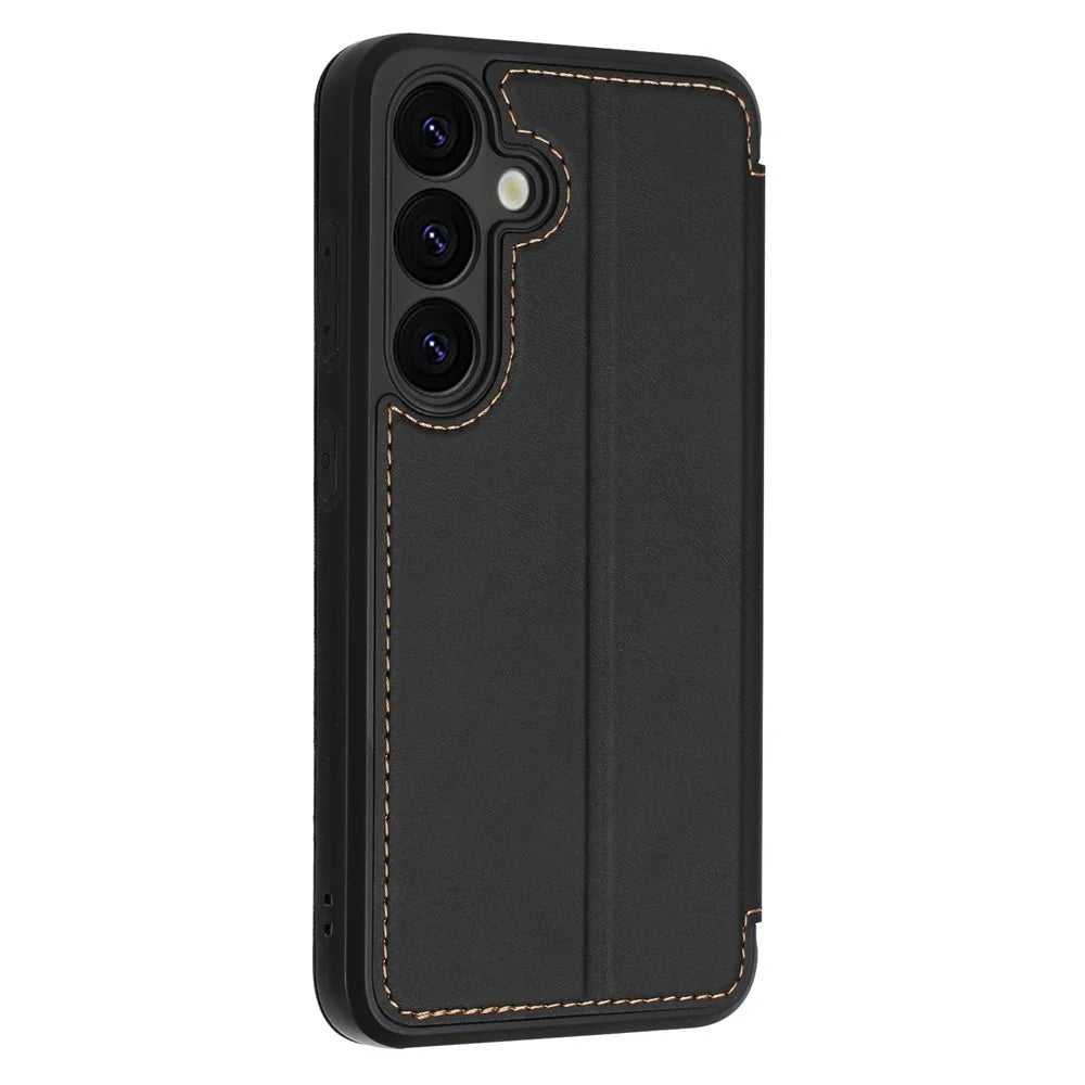 For Samsung Galaxy S25 Case Magnetic Closure Card Slot Leather Flip Phone Cover - Black - 5