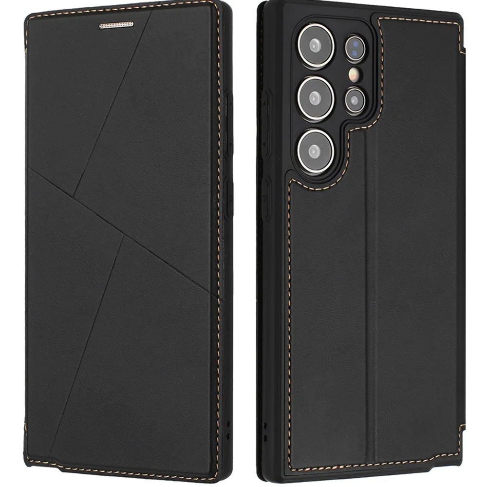 For Samsung Galaxy S25 Ultra Case Magnetic Closure Card Slot Leather Flip Phone Cover - Black - 1
