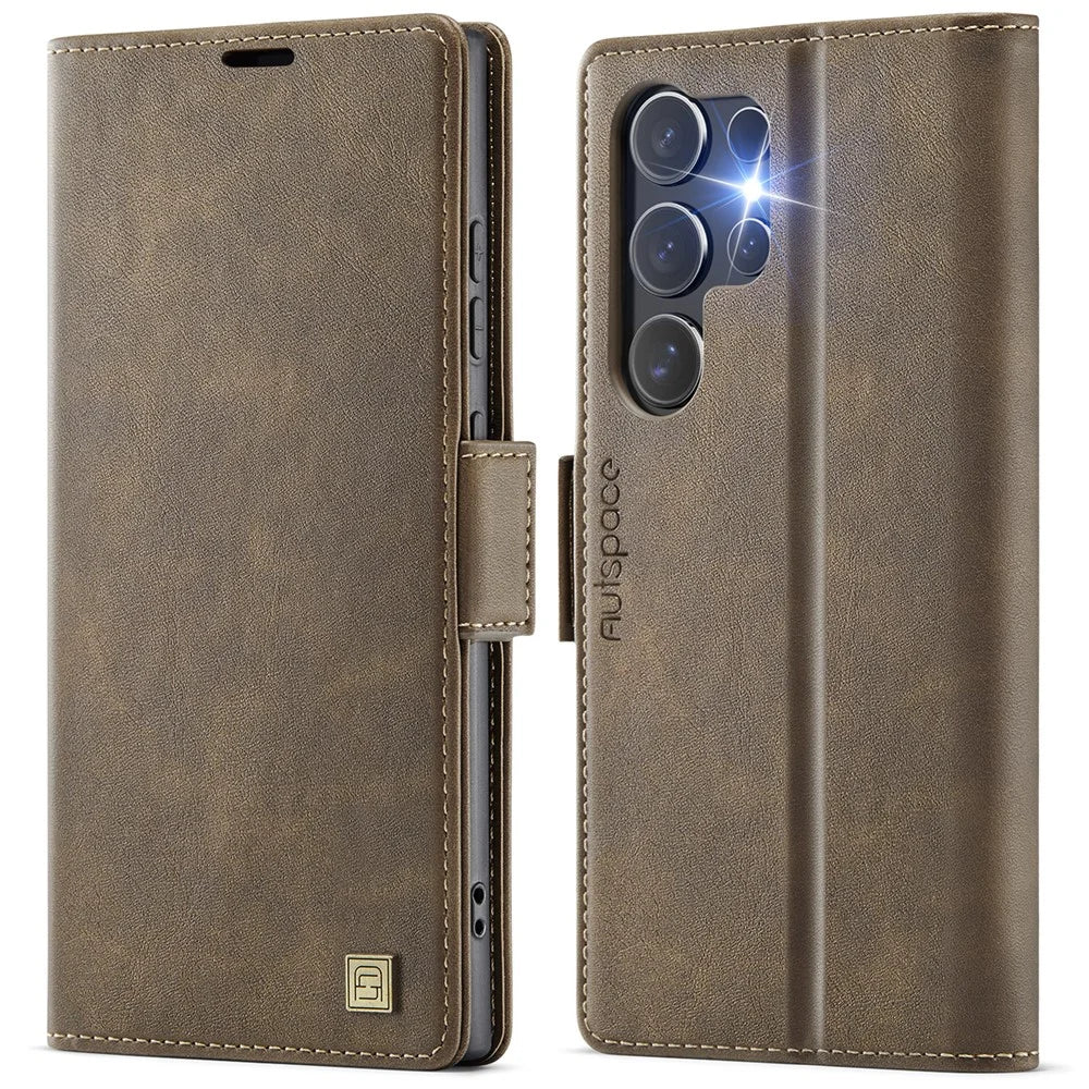 AUTSPACE For Samsung Galaxy S25 Ultra Case  A11 RFID Blocking Retro Leather Cell Phone Wallet Cover - Brown - 1