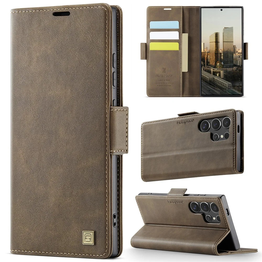 AUTSPACE For Samsung Galaxy S25 Ultra Case  A11 RFID Blocking Retro Leather Cell Phone Wallet Cover - Brown - 2