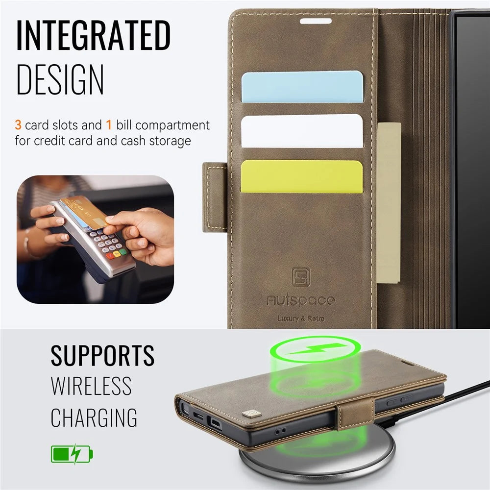 AUTSPACE For Samsung Galaxy S25 Ultra Case  A11 RFID Blocking Retro Leather Cell Phone Wallet Cover - Brown - 4