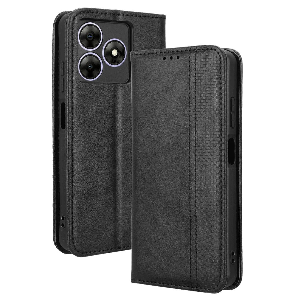 Leather Case for Blackview Wave 8 / Wave 8C / Oscal Flat 2 Wallet Stand Retro Texture Phone Cover - Black - 1