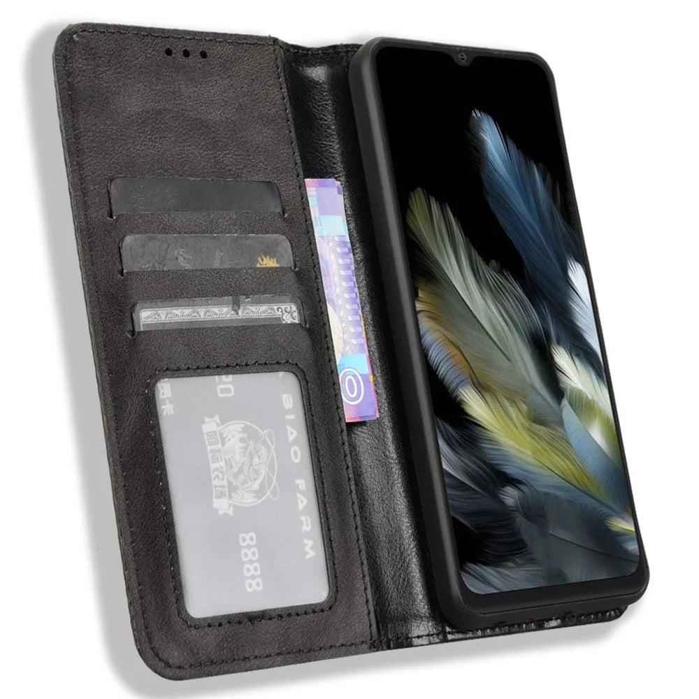 Leather Case for Blackview Wave 8 / Wave 8C / Oscal Flat 2 Wallet Stand Retro Texture Phone Cover - Black - 2
