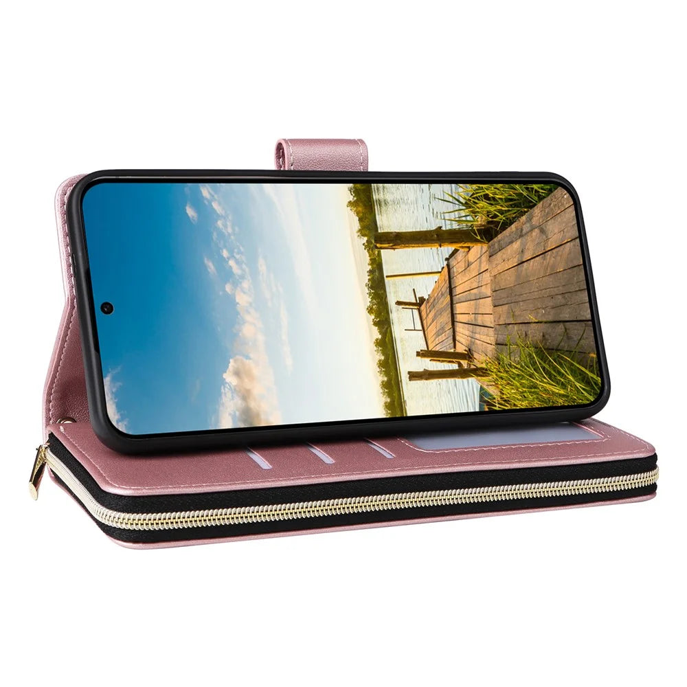 For Samsung Galaxy A26 5G Case Zipper Pocket PU Leather Cover with 9 Card Slots - Rose Gold - 4