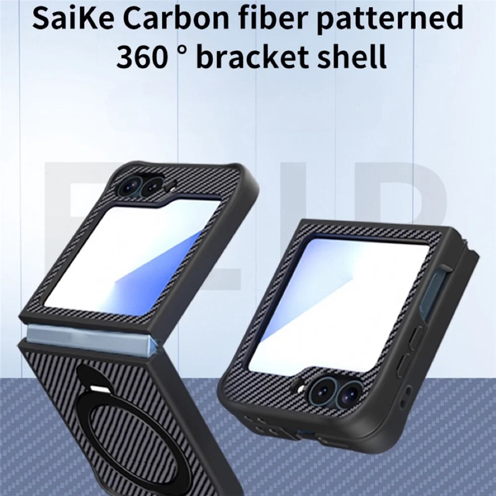 For Samsung Galaxy Z Flip7 FE 5G / Z Flip6 5G / Z Flip5 5G Phone Case with Magnetic Kickstand TPU + PC Carbon Fiber Back Cover - Black - 2