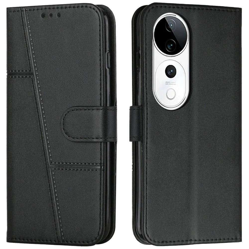 Leather Phone Case for vivo T3 Ultra 5G / V40 5G / V40 Pro 5G / S19 Pro 5G Stand Flip Protective Cover - Black - 1