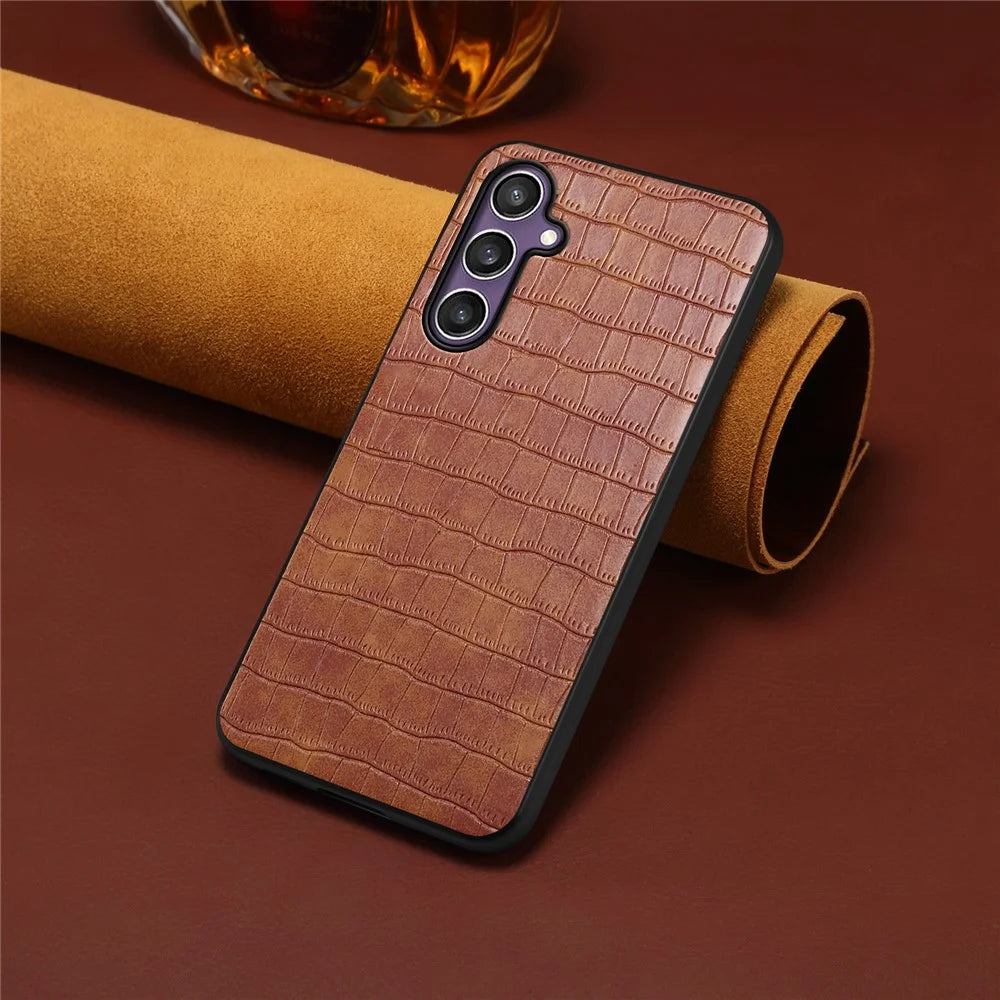 For Samsung Galaxy S25 Case Crocodile Texture Design Leather Slim Back Cover - Brown - 4