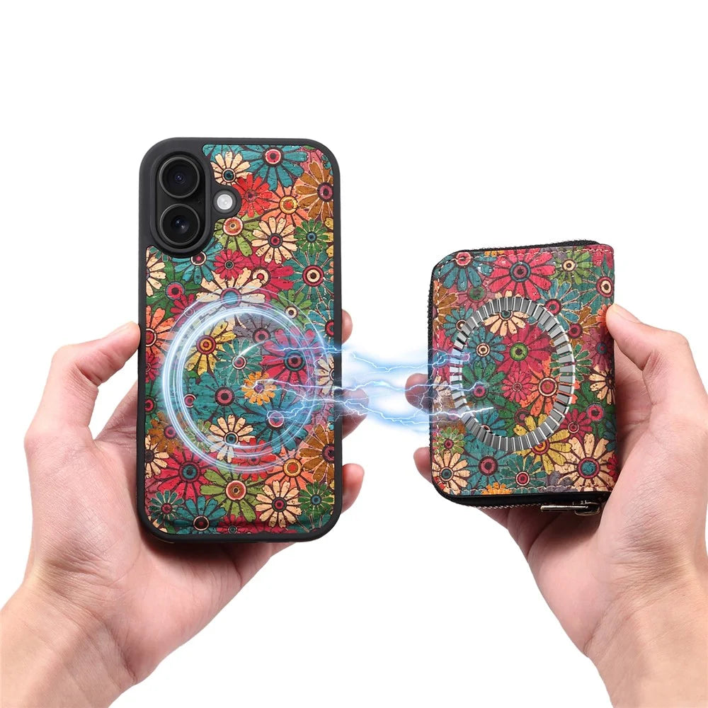 For iPhone 16 Magnetic Case with Detachable Zipper Card Bag Flower Leather Back Cover - Green - 4