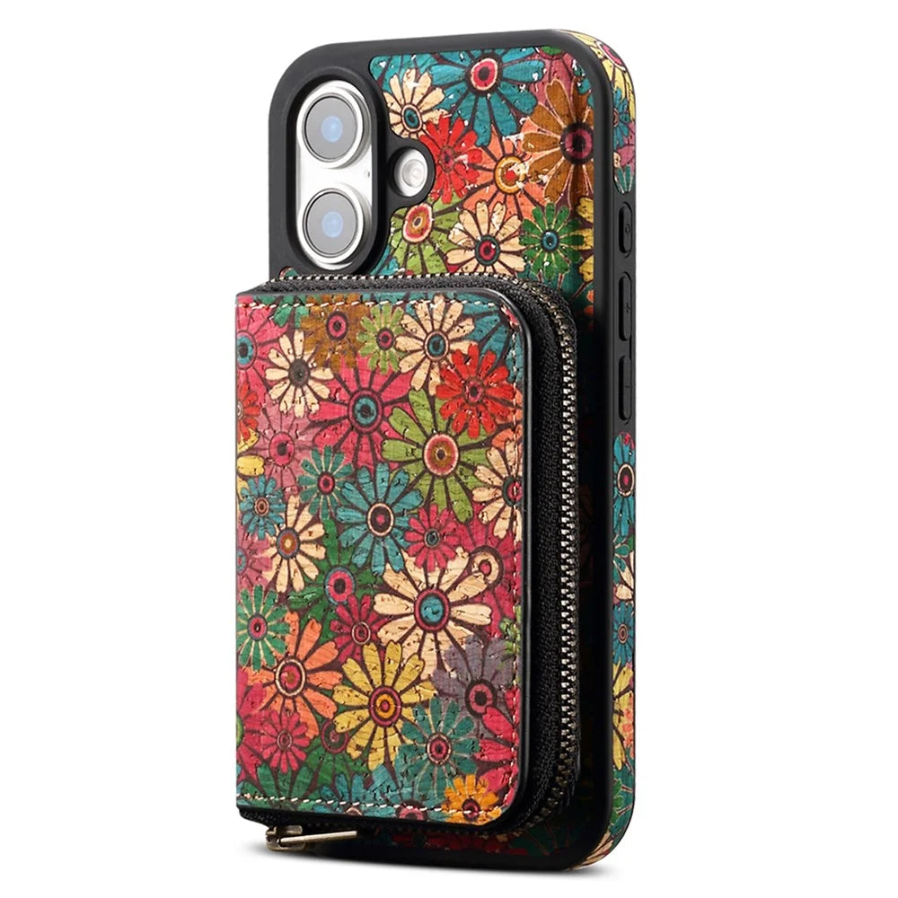 For iPhone 16 Magnetic Case with Detachable Zipper Card Bag Flower Leather Back Cover - Green - 5