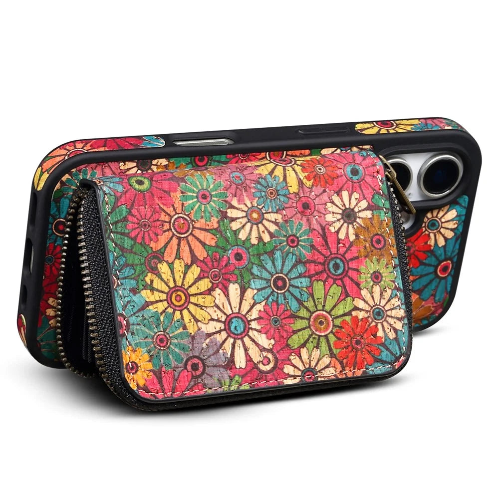 For iPhone 16 Plus Magnetic Case with Detachable Zipper Card Bag Flower Leather Back Cover - Green - 2