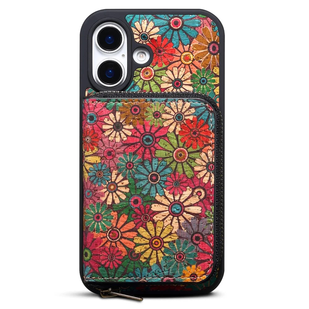 For iPhone 16 Plus Magnetic Case with Detachable Zipper Card Bag Flower Leather Back Cover - Green - 6