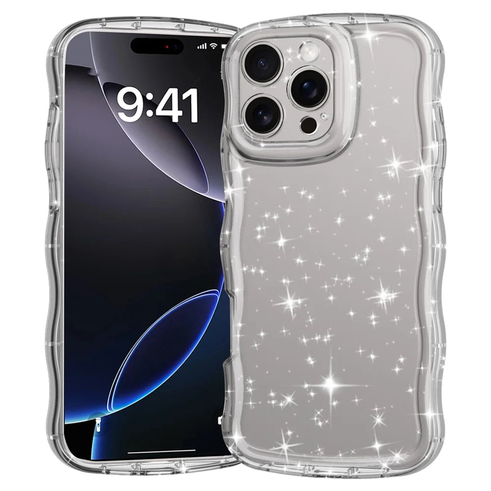 For iPhone 16 Pro Max Case Wavy Edge Transparent Glitter TPU Anti Drop Phone Cover - 1