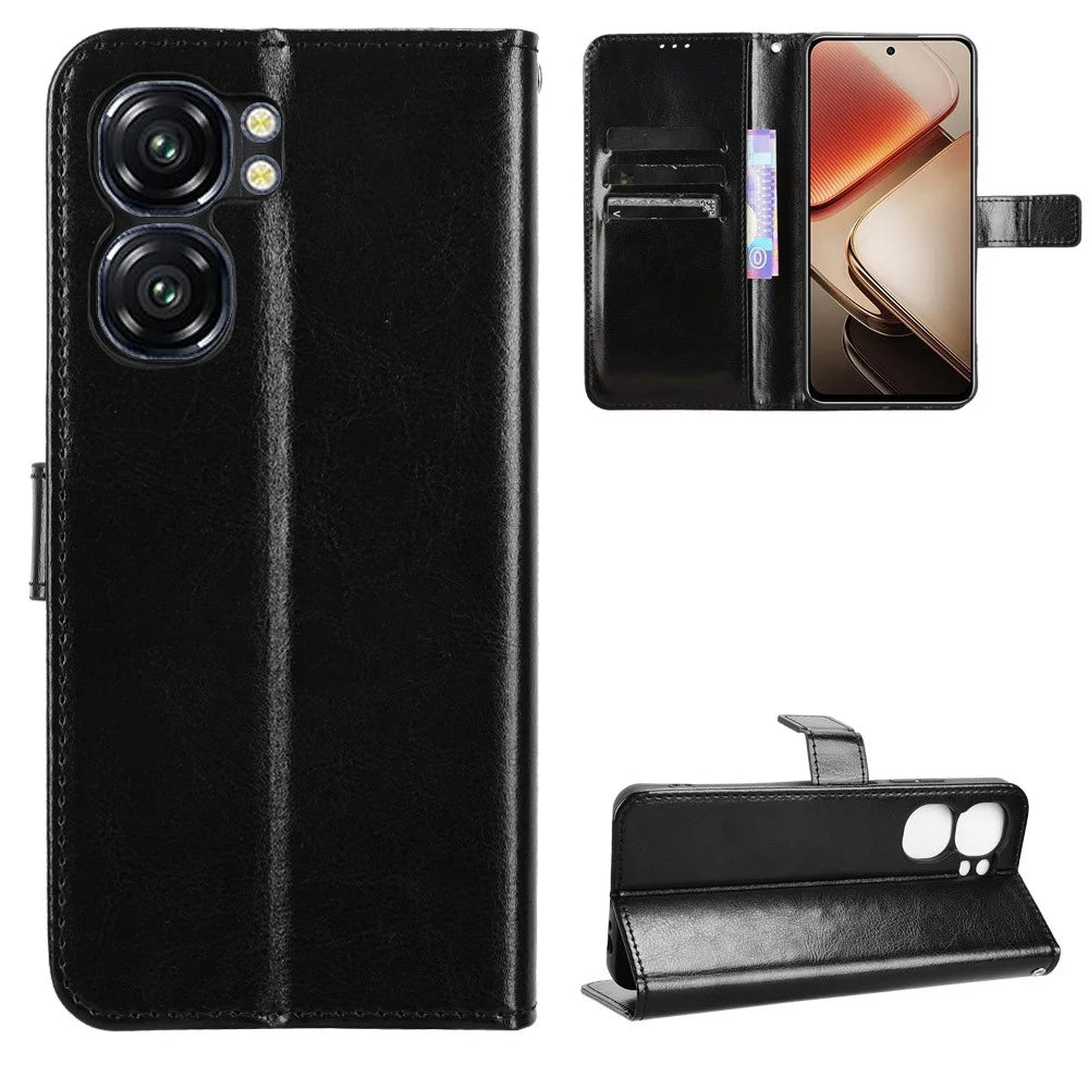 For Oukitel C58 Pro / C58 Case Crazy Horse Texture PU Leather Phone Wallet Cover - Black - 7