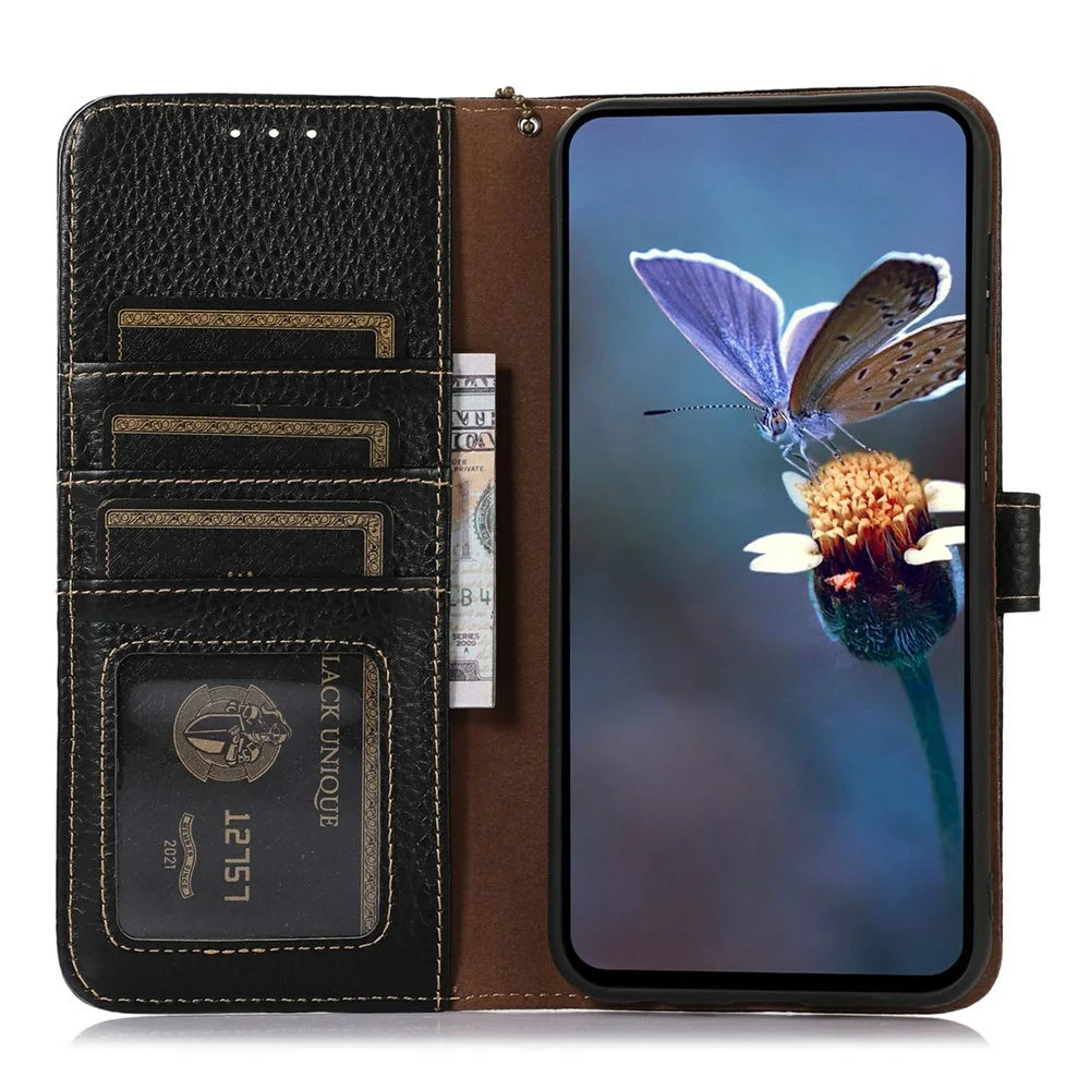 For OnePlus Ace 5 5G / 13R 5G Case RFID Blocking Genuine Cow Leather Phone Cover Litchi Texture - Black - 2