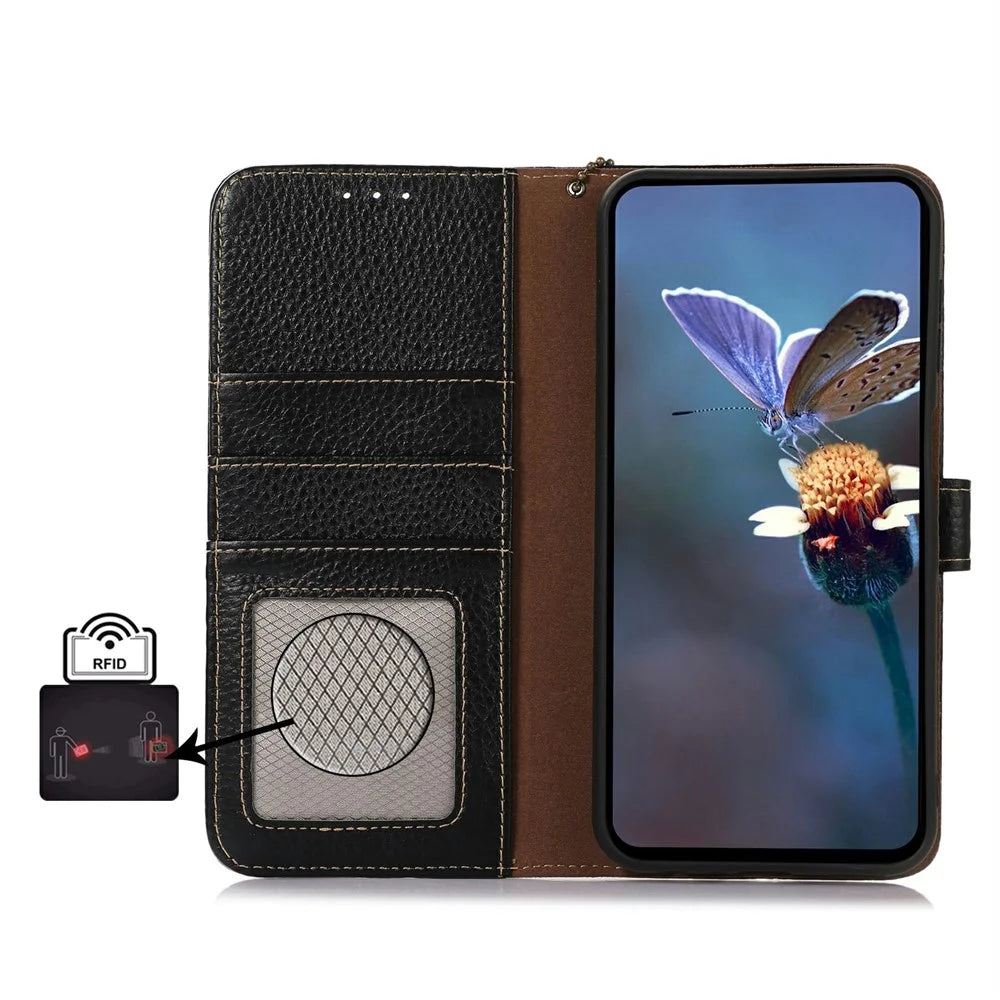 For OnePlus Ace 5 5G / 13R 5G Case RFID Blocking Genuine Cow Leather Phone Cover Litchi Texture - Black - 4