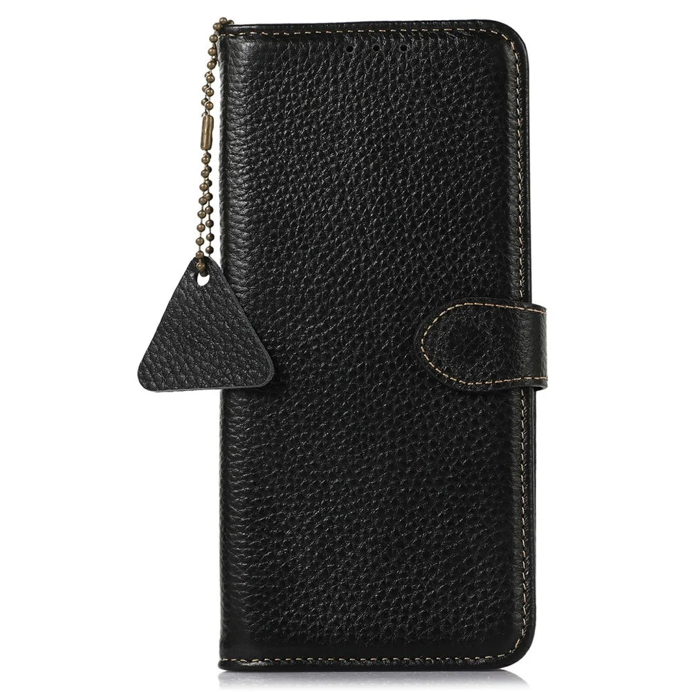 For OnePlus Ace 5 5G / 13R 5G Case RFID Blocking Genuine Cow Leather Phone Cover Litchi Texture - Black - 6
