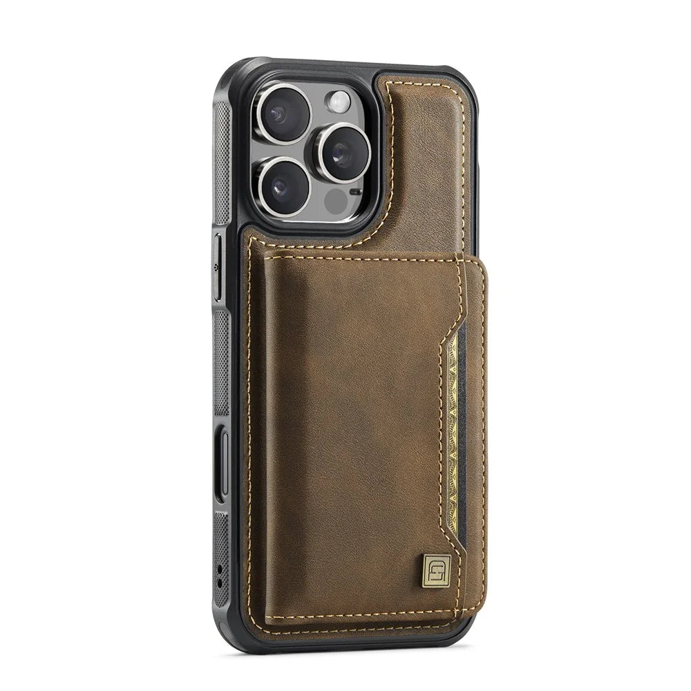 AUTSPACE For iPhone 16 Pro Case  A13 Vintage Leather Back Cover with Magnetic Detachable Card Bag - Coffee - 2