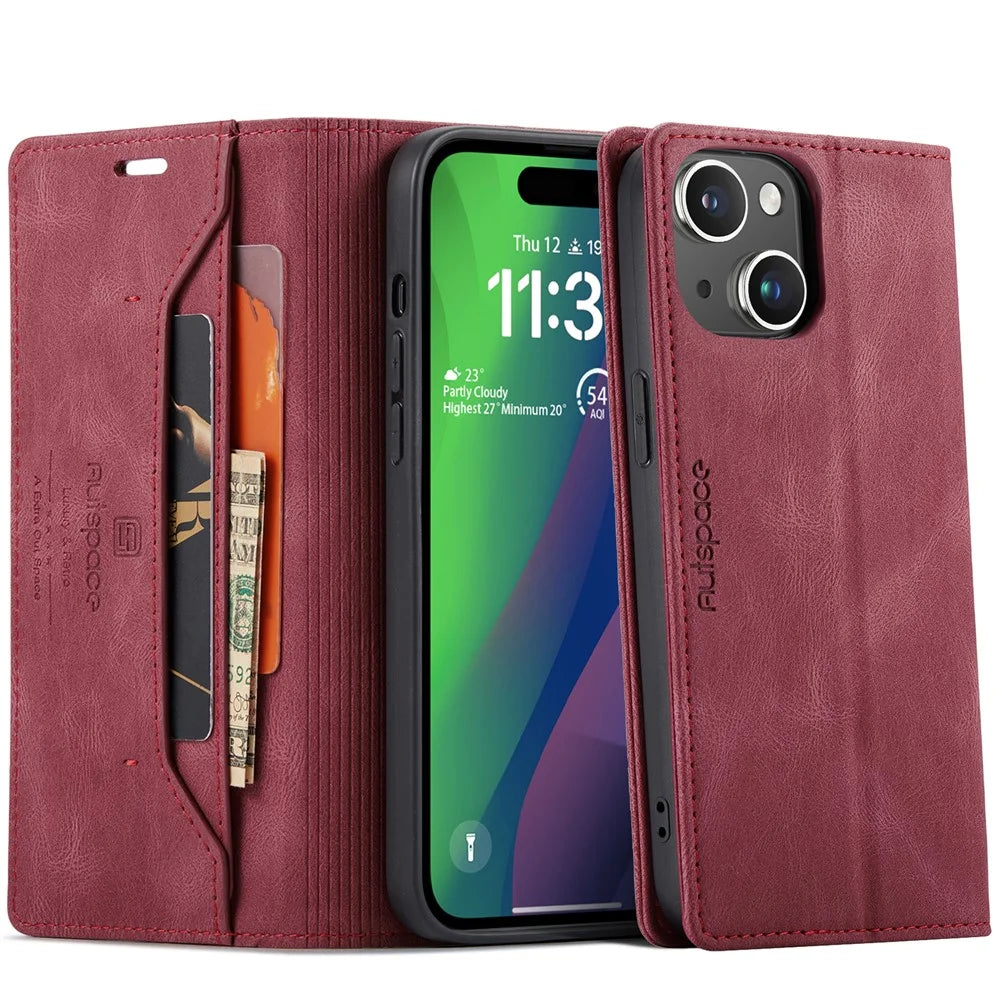 AUTSPACE Wallet Case For iPhone 15  A01 Leather Stand Cover with RFID Blocking Card Holder - Red - 1