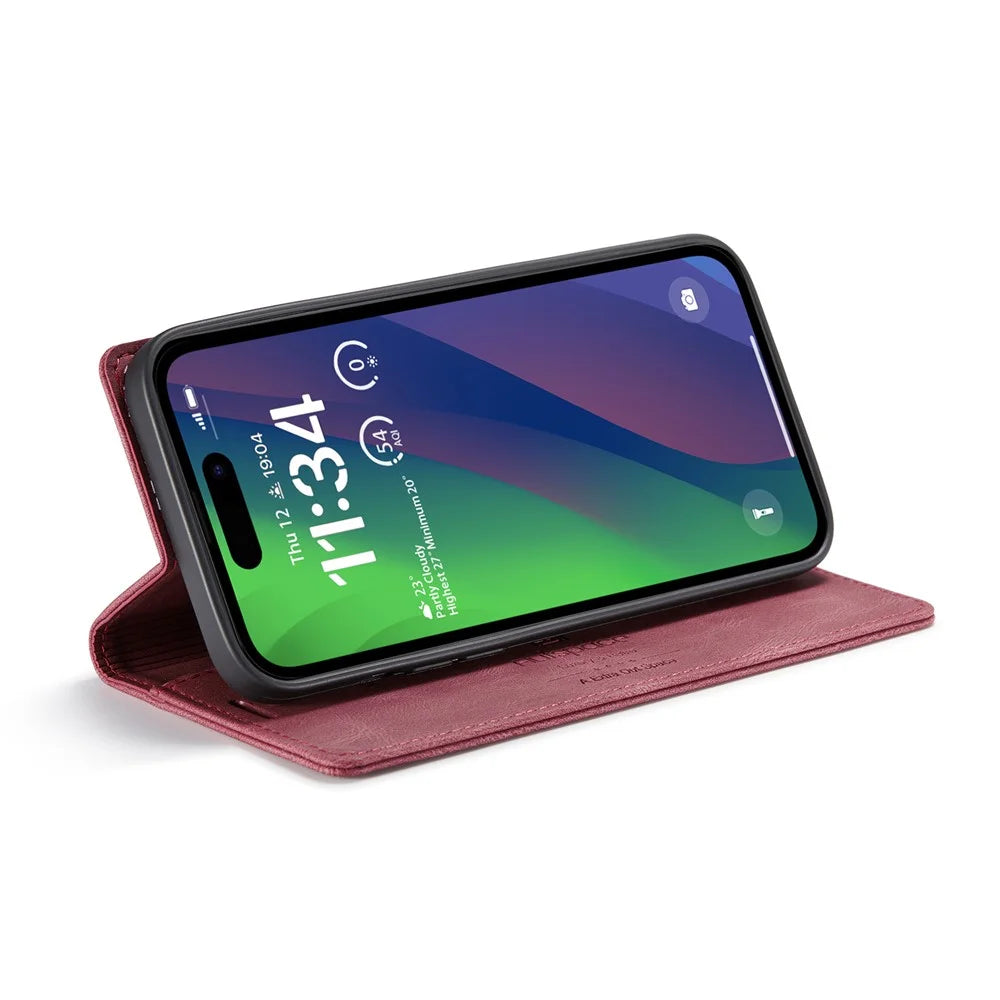 AUTSPACE Wallet Case For iPhone 15  A01 Leather Stand Cover with RFID Blocking Card Holder - Red - 3