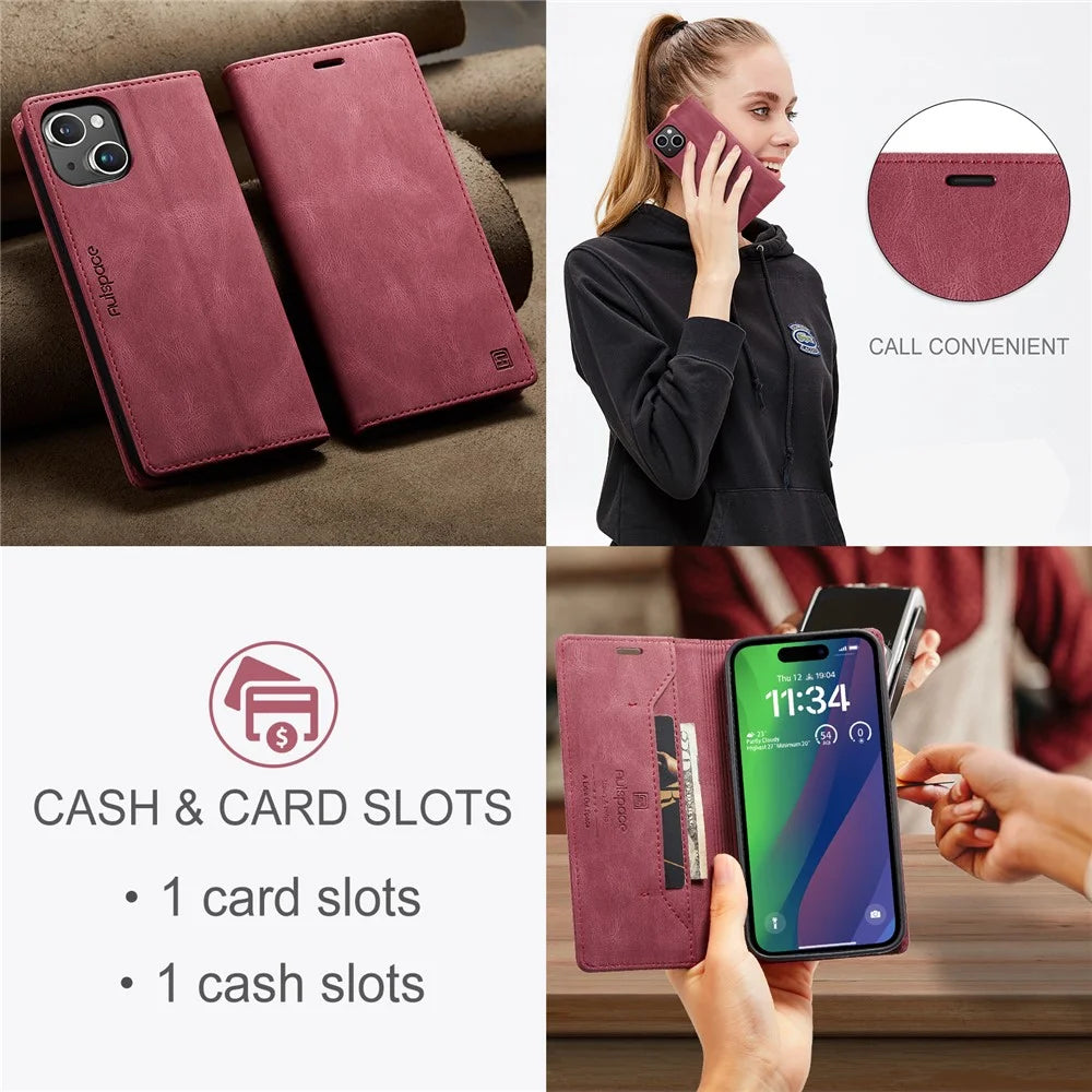 AUTSPACE Wallet Case For iPhone 15  A01 Leather Stand Cover with RFID Blocking Card Holder - Red - 5