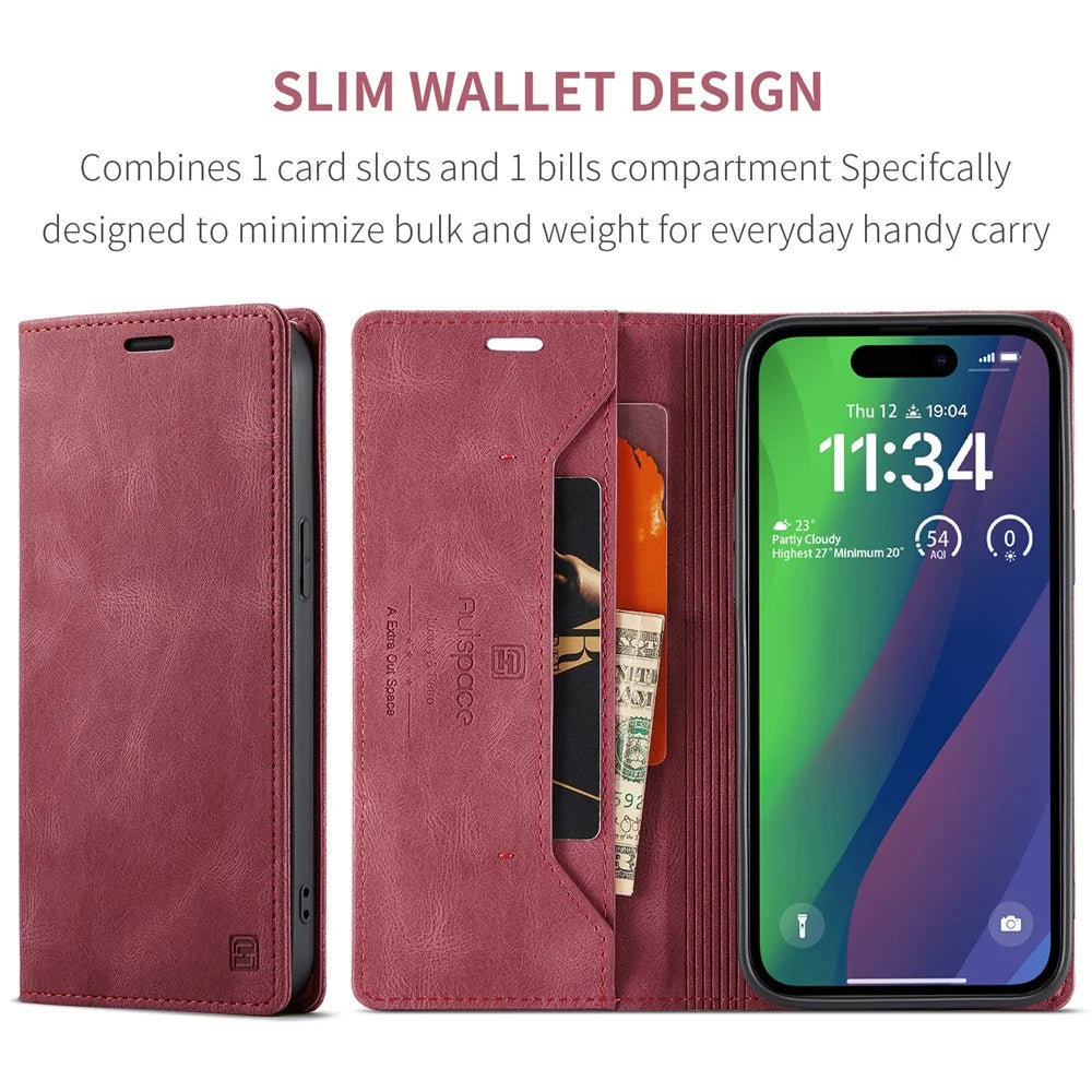 AUTSPACE Wallet Case For iPhone 15  A01 Leather Stand Cover with RFID Blocking Card Holder - Red - 6
