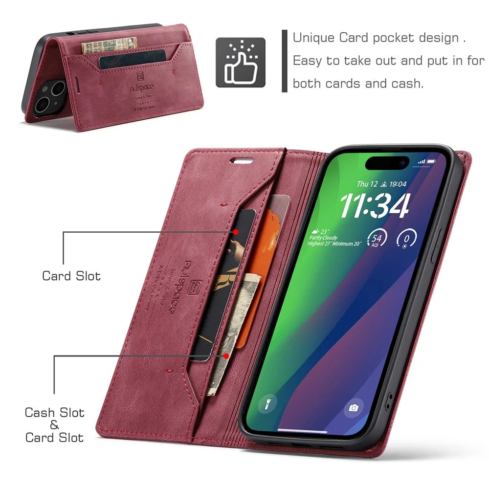 AUTSPACE Wallet Case For iPhone 15  A01 Leather Stand Cover with RFID Blocking Card Holder - Red - 7