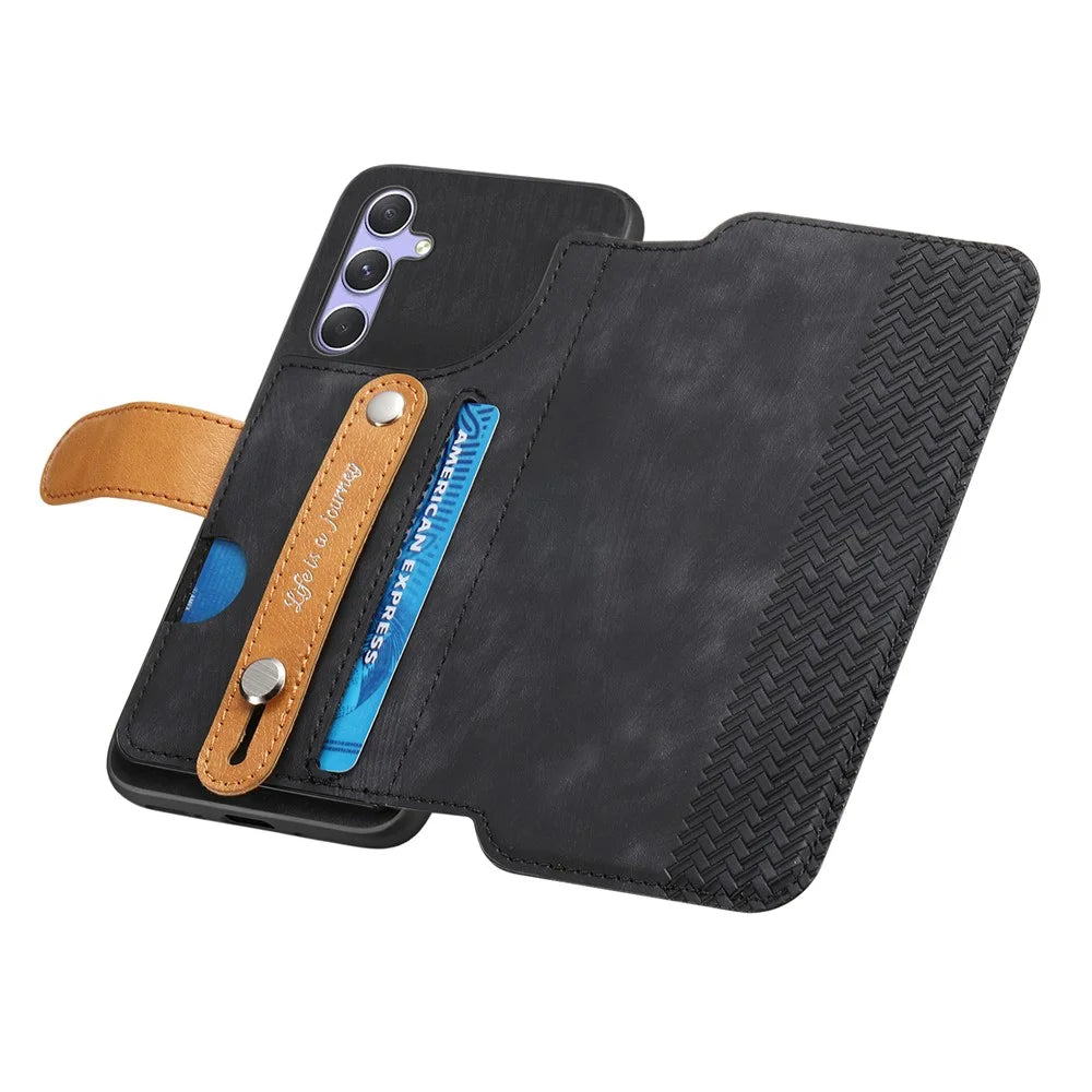 For Samsung Galaxy A26 5G Case Wallet Retro Leather Phone Cover with Wristband Kickstand - Black - 4