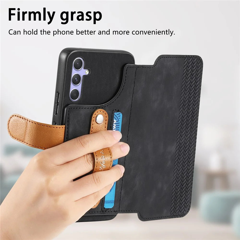 For Samsung Galaxy A26 5G Case Wallet Retro Leather Phone Cover with Wristband Kickstand - Black - 5