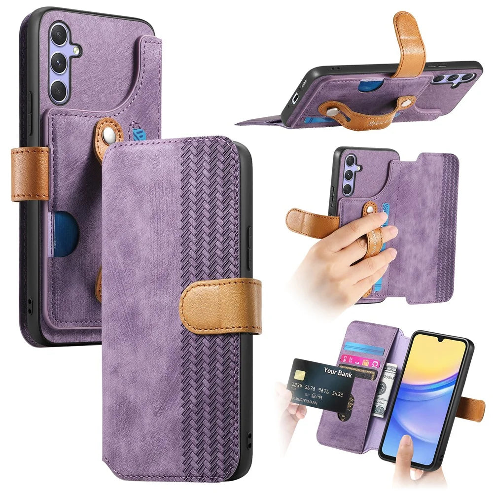 For Samsung Galaxy A15 4G / 5G Case Wallet Retro Leather Phone Cover with Wristband Kickstand - Purple - 1