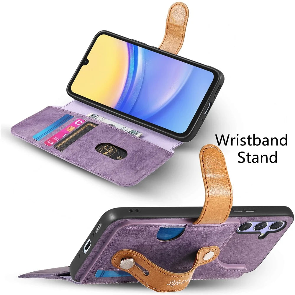 For Samsung Galaxy A15 4G / 5G Case Wallet Retro Leather Phone Cover with Wristband Kickstand - Purple - 3