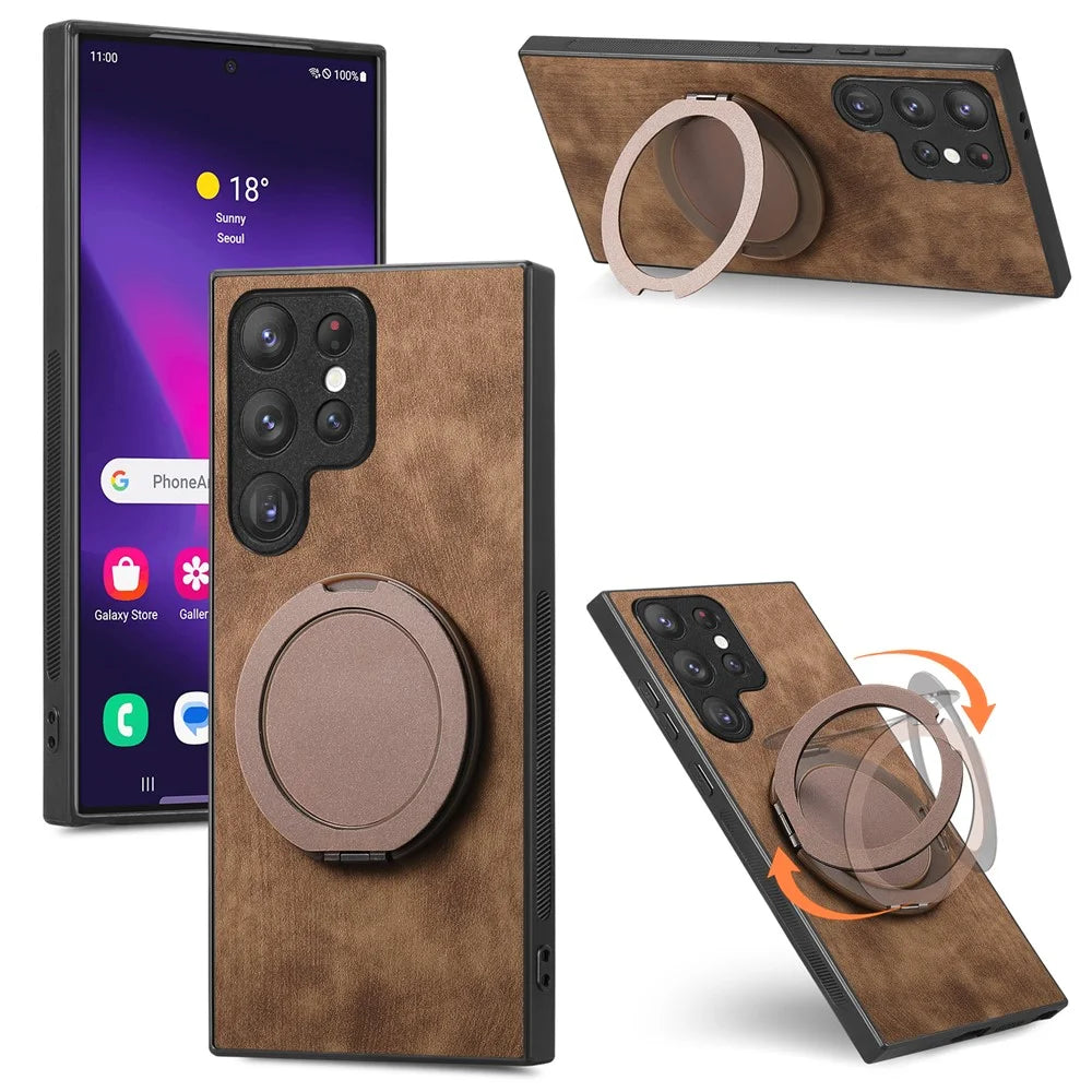 For Samsung Galaxy S24 Ultra Phone Case with Rotating Kickstand Stress Relief Retro Leather Back Cover - Brown - 1
