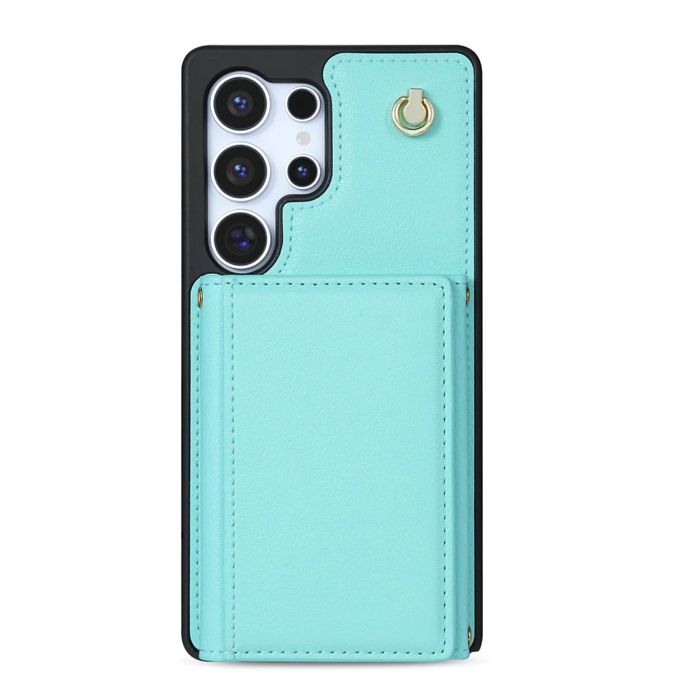 For Samsung Galaxy S25 Ultra Case Tri-Fold Card Holder Kickstand TPU + Leather Back Cover with Shoulder Strap - Green - 6